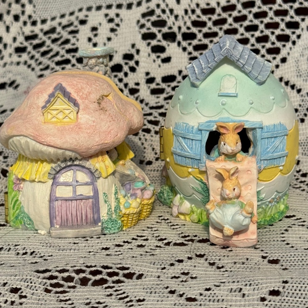 Vintage easter Bunny Hinged Mushroom and Egg House Resin Figurines pair